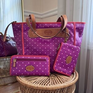 Fossil Keyper Shopper Leather Purple Polka Dot Women's Tote Bag Set
